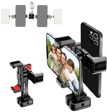 Manbily Soporte de trípode para teléfono, adaptador de metal para smartphone con soporte doble para teléfono, giratorio de 360°, abrazadera de clip ajustable compatible con teléfonos celulares iPhone,