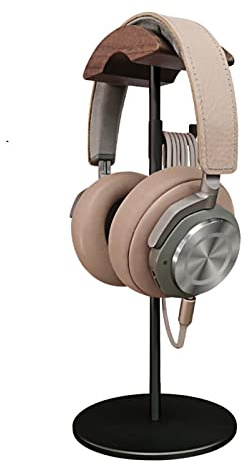 Hörlurshängare, Headsetställ i valnötsträ och aluminium, Nature Walnut Gaming Headset-hållare med solid tung bas for bordsskärm, för PC-tillbehör(Svart)