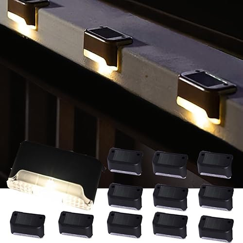Hqynss Solar Decking Lights IP65Waterproof, 12 Pack Solar Step Lights - Outdoor LED Stair Lights for Steps, Fences, Yard, Patio, Garden, Pool, Driveway (Black, Warm White)