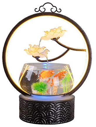 Fuente de Interior Lotus Design Fuente de agua de mesa Fuentes de cascadas de interior for el hogar Decoración interior Mesa Escritorio Oficina con luz LED y pequeño acuario de vidrio Fuentes para jar