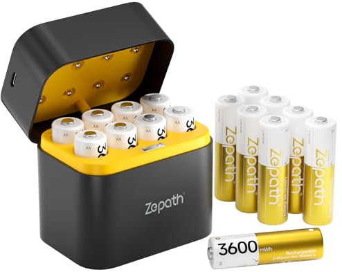 Zepath Rechargeable Lithium Batteries AA 16-Pack with Charger, 3600mWh High Capacity 1.5V double A Batteries, Long Lasting Rechargeable aa Li-ion Battery with Integrated Charing Storage Box