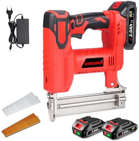 ONEVAN Grapadora y Clavadora Batería 2 en 1 con 2 Baterías 2,0Ah, 80 Clavos/min, para Madera - Incluye 100 Clavos 30mm y 100 Grapas 22mm