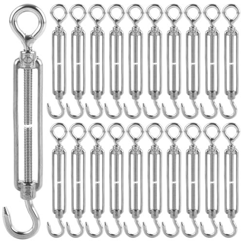 AHAQU 20PCS M6 Turnbuckle Wire Tensioner, Adjustable Hook and Eye Tensioners Rope Cable Tension Set, Heavy Duty 304 Stainless Steel Turnbuckles for Garden Wire, Fence, Outdoor Hanging