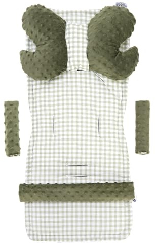 Medi Partners Inserto universal para cochecito Manta para cochecito 5p Protector de cinturón + superposición para diadema Algodón + Minky (Cuadros con Oliva Minky)
