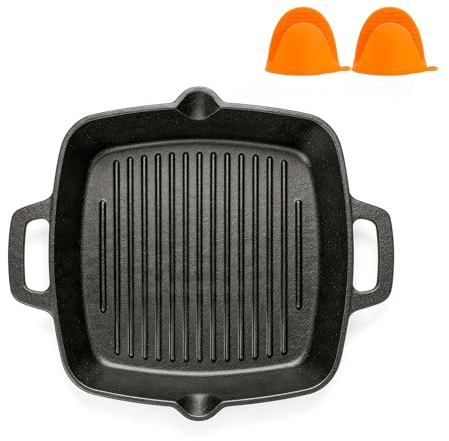 WELL GRILL Sartén de hierro fundido de 30 cm, sartén de hierro fundido con asas, sartén rectangular, sartén pre-temporada, sartén de hierro fundido para inducción y parrilla de gas, horno y todo tipo