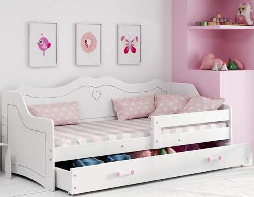 Interbeds Kinderbett Bodenbett Prinzessin Holzbett Einzelbett Weiß Montessori mit Rausfallschutz mit Lattenrost 160x80cm