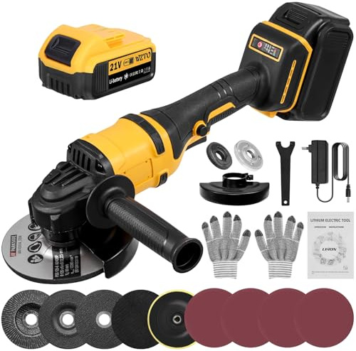 Bellanny Akku Winkelschleifer - 21V Professional Winkelschleifer Set 16Pcs (Scheiben-Ø 125mm,Leistung 1500W, 0-30000 RPM,1 Schleifplatte, Zusatzhandgriff,Schraubenschlüssel,Ladegerät, 1×5000mah Akkus)