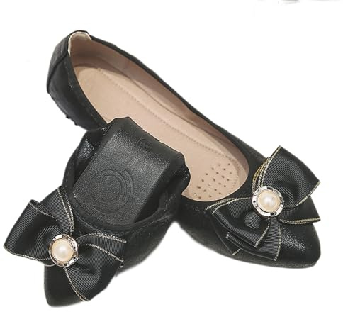 WXDTW Ballerine pieghevoli da donna alla moda a punta punta suola morbida slip on scarpe da passeggio scintillanti strass solidi mocassini piatti, Nero , 41 EU