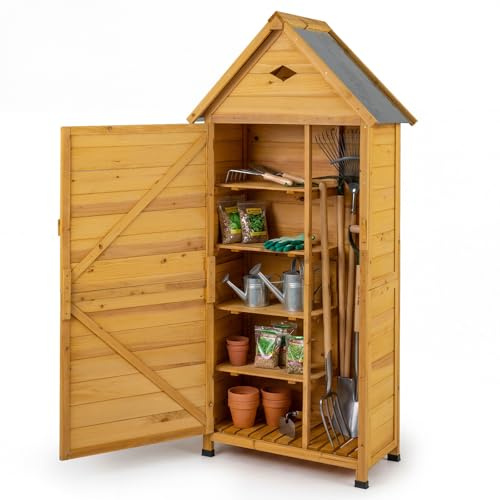 COSTWAY Armadio da Esterno in Legno, Casetta da Esterno con Ante, Ripiani Rimovibili, Serrature e Tetto Inclinato, Armadietto Versatile da Giardino, Balcone e Cortile (81 x 46 x 174 cm)