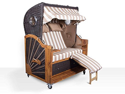 Polyrattan Strandkorb Kampen Spezial 2,5-Sitzer Mocca Geflecht Teak Teakholz