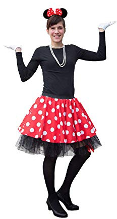 Oblique Unique Costume de souris pour femme rouge blanc noir avec jupe à pois + chaîne de perles + serre-tête oreilles de souris avec nœud + gants + bas pour carnaval, fête à thème