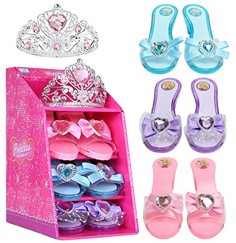 Mastom Girls Play Set! Princess Dress Up Shoes and Tiara (3 Pairs of Shoes + 1 Tiara) Role Play Collection Fashion Princess Shoe for Little Girls