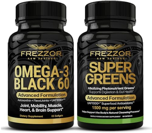 FREZZOR Omega-3 Black Supergreens Capsules, New Zealand, Effective Joint Comfort & Joint Mobility Supplement for Anti-Aging, Combo Pack
