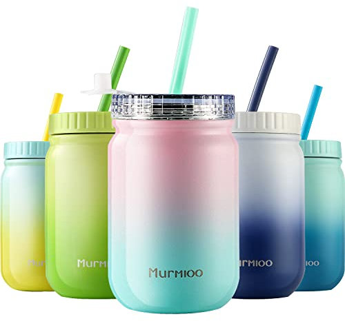 Murmioo - Bicchiere in acciaio inox, riutilizzabile, a doppia parete, sottovuoto, con cannuccia e coperchio sigillato, per frullati, insalata, 400ml, colore: Blu rosa sfumato