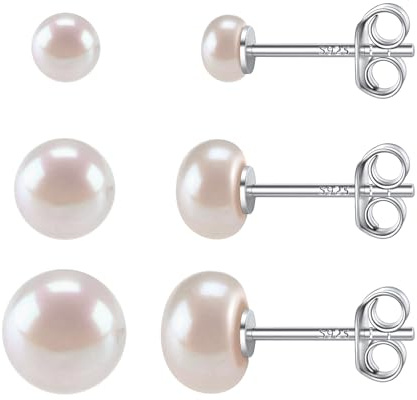 ChicSilver Set Pendientes Perlas Pequeñas Mujeres Plata de Ley 925 Juego 3 Pares 4mm 6mm 8mm Aretes Pequeños Oro Blanco Joyería Moderna Madre Hija Amiga