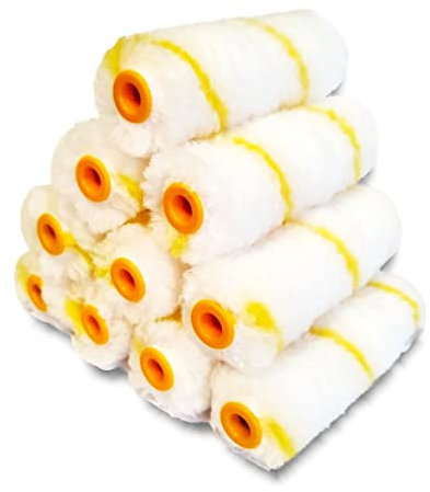 Quercos. Pack 10 Manchons Mini Rouleaux Pattes de Lapin rayées Jaune | Polyamide 11 cm | Peinture plinthes radiateurs surfaces lisses ou semi-lisses. Décoration murale plafond