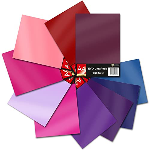 Evo Ultraflock Textilfolie für Plotter 33 Farben Flockfolie im Din A4 Format 30x20cm Plotterfolie für Stoff Kleidung T-Shirt Flock Folie Zubehör (10er Set bunt, Set 4)