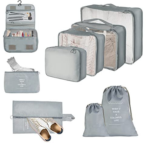 Organizador de Equipaje 9 Sets, Impermeable Packing Cubes Bolsas de Ropa para Mochila y Maleta de Viaje, para Ropa Interior, Zapatos, Cosméticos, Gris