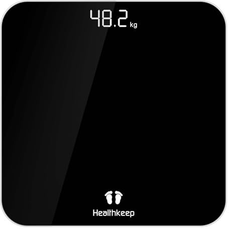 Healthkeep Personenwaage, Körperwaage mit Hochpräzisions-Sensoren, Personen Digitalwaage mit Step-On-Technik, Gewichtswaage aus Sicherheitsglas, Schwarz