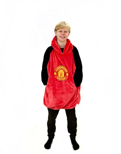 Manchester United FC Hugzee Oversized Wearable Hooded Fleece Super Warm and Cosy Premium Sherpa Lined, Design Perfect For Kids Aged 7-12 Years, One Size Suggested Height 75cm+, Red