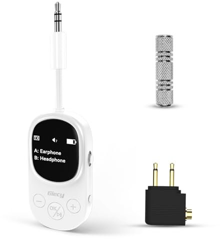 Giecy Bluetooth Adapter 2 in1 Sender Empfänger Klinke 3,5,Anschluss mit OLED-Display für Flugzeug,Dual-Verbindung, aptX Low Latency, Drahtloser Audio-Adapter für 2 AirPods,TV, MP3, Kopfhörer (Weiß)