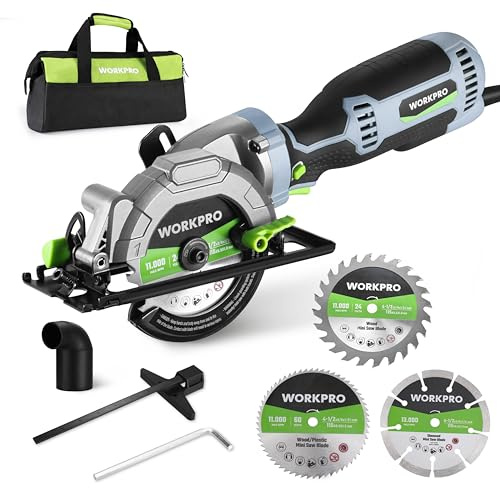 WORKPRO 5.8Amp 3500RPM Circular Saw with Parallel Guide, Maximum Cutting Depth 1-11/16''(90°),1-1/8''(45°), Compact Circular Saw with Three 4-1/2 Blades for Wood, PVC, Tile, Cement Block