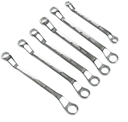 Llaves métricas largas de doble anillo con acabado pulido, mango de desplazamiento de 45 grados (19 x 22 mm)