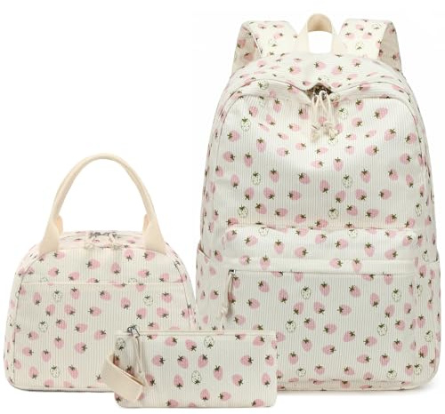 LOIDOU Ryggsäck för tonåringar flickor bokväskor barnryggsäck barn skolryggsäck med lunchväska pennfodral skolväskor set för skola, jordgubbe beige, Large, avslappnad