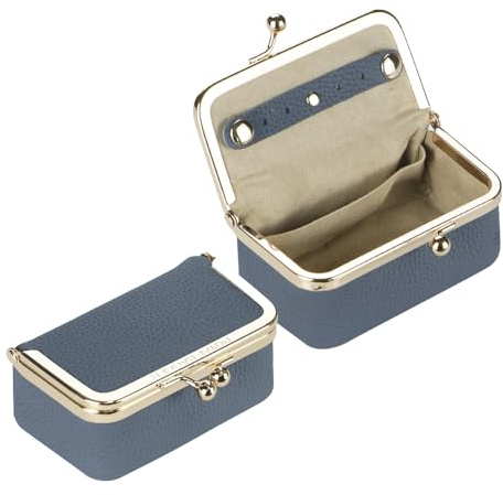 Royal Bagger Genuine Leather Jewelry Box, Mini Case for Rings, Necklaces & Earrings, Kiss Lock Coin Purse for Women 3203 (Flax Blue)
