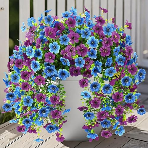 FOSDICK 2 Piezas Flores Artificiales Colgantes, Azul Morado Flores Artificiales Decoracion, Planta Artificial Colgante Exterior Interior, Planta Colgante Artificial para Decoracion Hogar Jardín Balcon