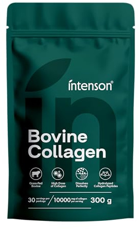 Intenson Polvere di Collagene Bovino 300 g, 2 Tipi (I, III) Peptidi di Collagene Idrolizzato, supporta Pelle Capelli Unghie Ossa Articolazioni, Bovini allevati al Pascolo, Insapore