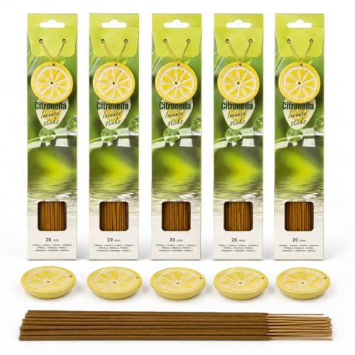 Bastoncini Incenso Citronella – 5 Confezioni da 20 Stick (100 Bastoncini Totali) – con 5 Portabastoncini in Ceramica a Forma di Limone – 25 cm – per Balcone, Terrazzo, Giardino e Campeggio