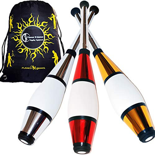 Juggle Dream Euro PRO Jonglierkeulen 3er-Set (Silber/Rot/Gold) Jonglier Keulen Training Set + Flames N Games Reisetasche! Große Keulenjonglage Set für Kinder & Erwachsene!