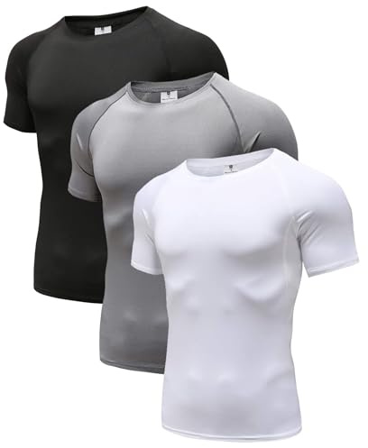 Maglie Compressione Uomo Maglietta Palestra a Manica Corta T-Shirt per Correre Ciclismo (3 Pezzi) Nero/Grigio/Bianco 02-L