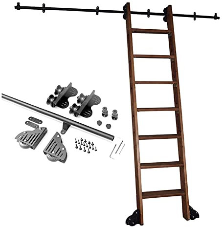 Nero Rolling Round Tube Mobile Scaletta Set Completo Hardware con Ruote a Pavimento + Binario di Prolunga/Guida per Barn Door Kit Scorrevole per Biblioteca/Loft/Casa/Interno/Libreria (Senza Scala)