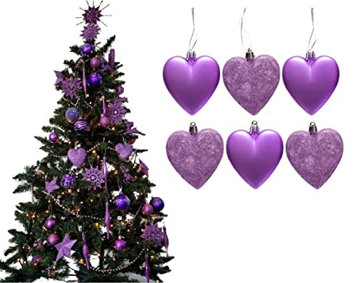 Lot de 6 grandes boules de Noël pailletées et mates en forme de cœur - Idéales pour décoration de sapin de Noël (Lilas)