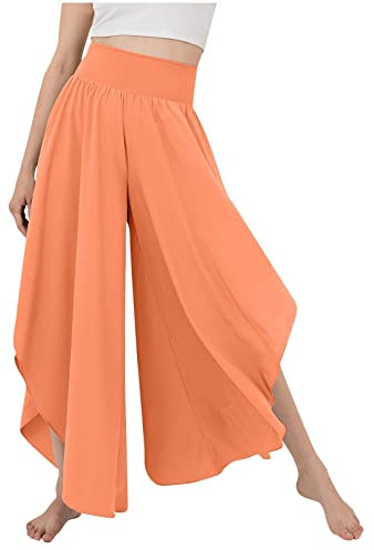 Leinenhose Damen Leichte Sommerhose, Wickelhose mit Schlitz Weites Bein Rüschen Hose Flowy Sommer Yogahose Leicht Luftige Plissee Bequeme Sporthose Thermohose Damen schnittschutzhose Leinenhose 3 4