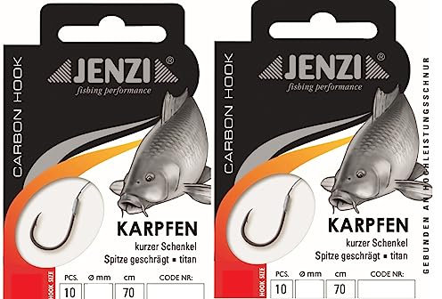 Set: 2 Packungen gebundene Haken Karpfen von Jenzi, Allroundhaken, Karpfen (20 Stück) an Mono Schnur Vorfach fertig + gratis Petri Heil! Aufkleber (Hakengröße 4)