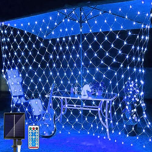 Solar LED Lichternetz,1.5 x 1.5M Wasserdichte Lichterkette Netz 8 Modi 96 LED Lichternetz Lichtervorhang mit Fernbedienung Net Lichterketten für Garten Weihnachten Hochzeit Party Dekorationen