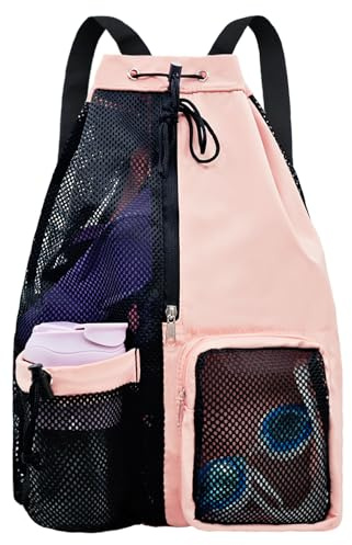 lifwimner Mesh Beach Backpack with Wet Pocket Drawstring Pool Bag Waterproof Swimming Bag Gym Backpack for Men & Women(Pink)