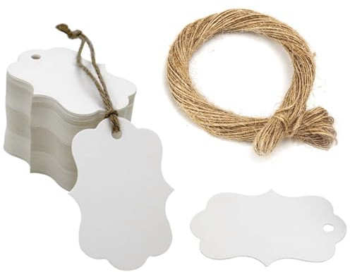 Etiqueta de Precio, 100 Piezas 5x3 cm Etiquetas de Marcado con 20 m Cuerda de yute, Mini Etiquetas de Etiquetado Etiquetas de Precio Etiquetas de Ropa Etiquetas de Exhibición Grabables (100 Blanco)
