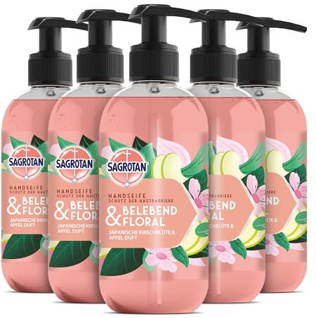 Sagrotan Hygieneseife Belebend und Floral – Feuchtigkeitsspendende Flüssigseife mit floralem Duf – 5 x 300 ml Handseife