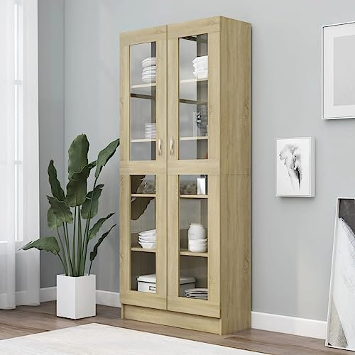 Myheimly Vitrinenschrank mit viel Stauraum, Beistellschrank für Schlafzimmer Wohnzimmer Büro, Büroschrank Schrank, Eichen-Optik Holzwerkstoff Sonoma-Eiche 82,5x30,5x185,5 cm Holzwerkstoff
