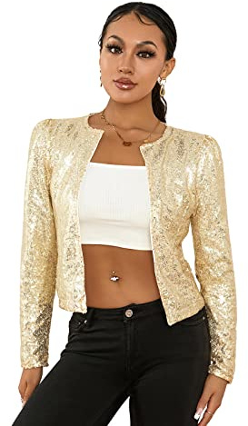 FeMereina Women’s Sequin Jackets Long Sleeve Open Front Coat Glitter Short Blazer Casual Coat Party Club (Gold, S)