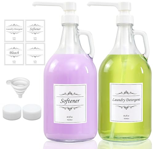 2 Pcs Glass Liquid Laundry Detergent Dispenser with Pump (Upgraded), 64 oz Dispenser for Laundry Room, Half Gallon Glass Jugs with Airtight Lid