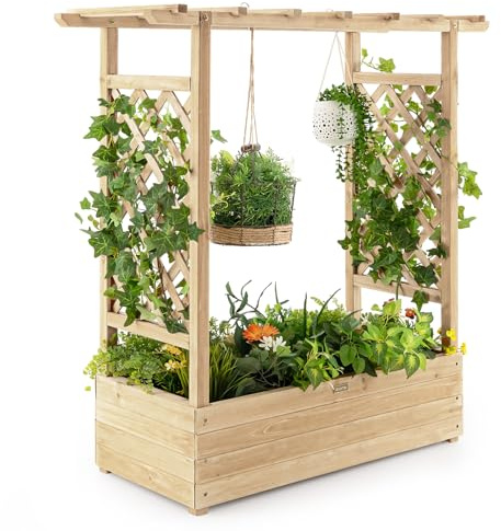 COSTWAY Upphöjd blombädd med rankgaller och hängande tak, växtlåda med växtstöd, blomkruka för klätterväxter och hängande korgar, trädgård, innergård, terrass, planteringslåda av trä (natur)