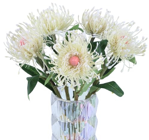 IPOPU 5Pcs White Artificial Chrysanthemum Flowers with Stems Gift Decorations, 15.7 Inch Faux Spider Chrysanthemum Pincushion Flowers for Wedding Bouquet Home Office Decoration
