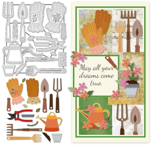 UNICRAFTALE 19-delar Trädgårdstema Klippningsstämplar för Papperskort Tillverkning Prägning Trädgårdsverktyg Metallstämpel Klippsats Blomma Vattning Form Stencil Mall för DIY Hantverk Scrapbooking