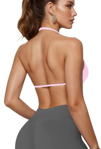 JN JANPRINT Workout Sports Bras for Women Strappy Halter Neck Running Bra Padded Backless Seamless Bralette Gym Yoga Bras Pink