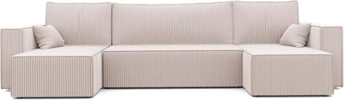 IDOHOME LIt Canapé en U 312x145 Canapé Panoramique Convertible Velours Cotelé Beige Sofa XL Surface de Couchage 268 x 125 cm